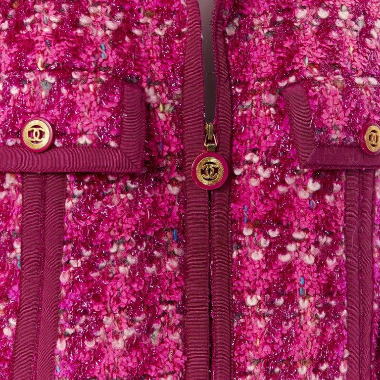 80’s/90’s Vintage Chanel Bright Pink Boucle Wool Long Jacket FR 36