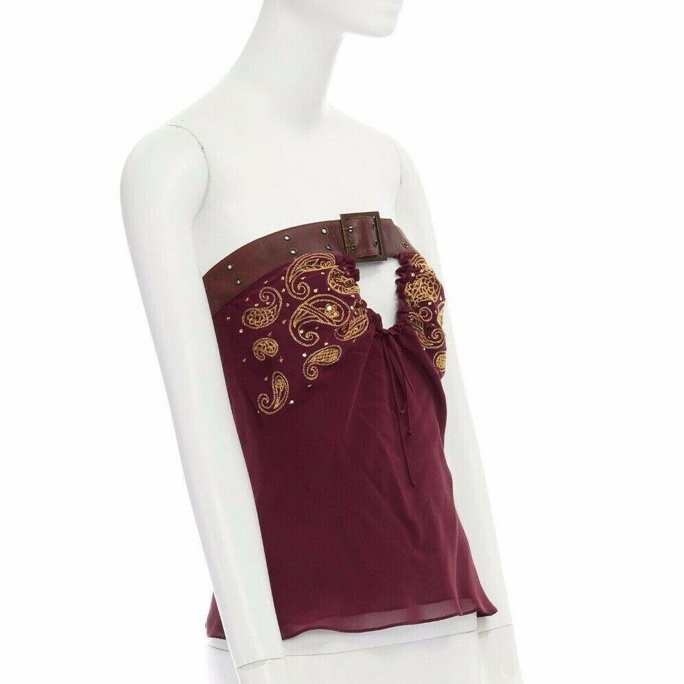 Brown runway CHRISTIAN DIOR GALLIANO AW02 belted embroidered silk top FR38 US6