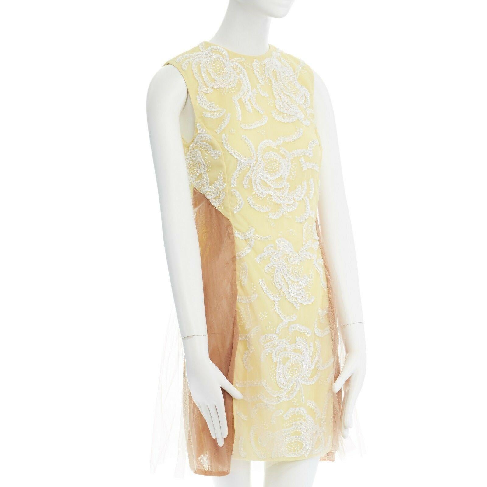 Beige runway CHRISTOPHER KANE SS10 yellow sequins lace nude tulle insert dress UK6 XS