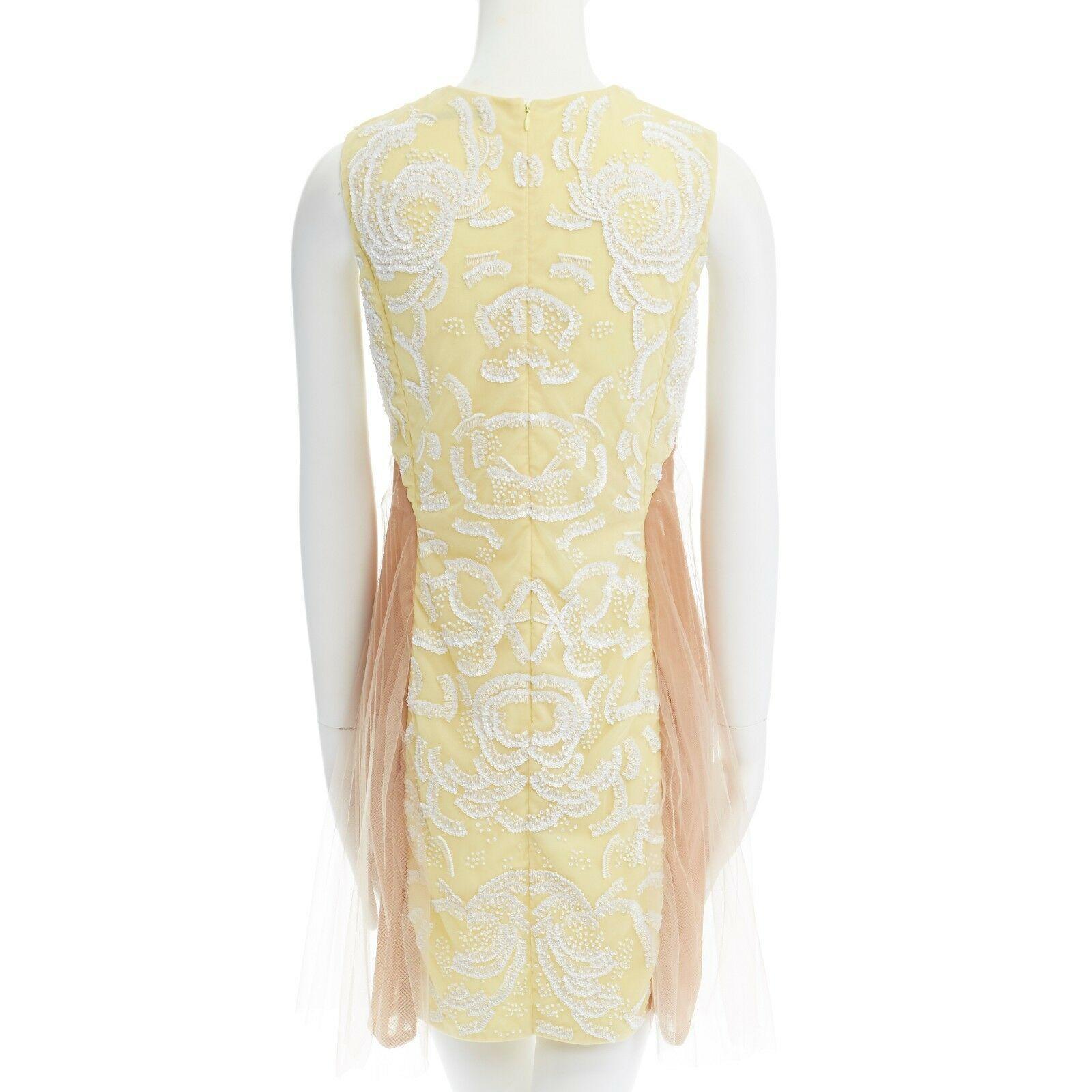 Women's runway CHRISTOPHER KANE SS10 yellow sequins lace nude tulle insert dress UK6 XS