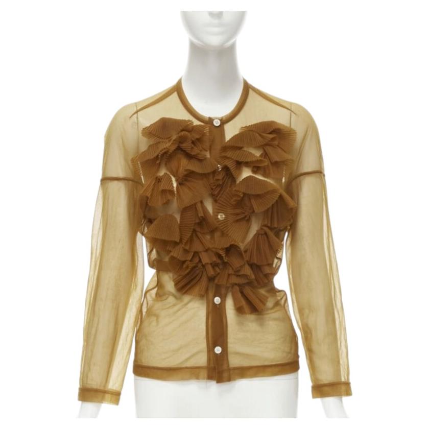 Pre-owned Comme Des Garçons Runway Comme Des Garcons 1990s Sheer Brown Pleated Ruffle Button Front Shirt M