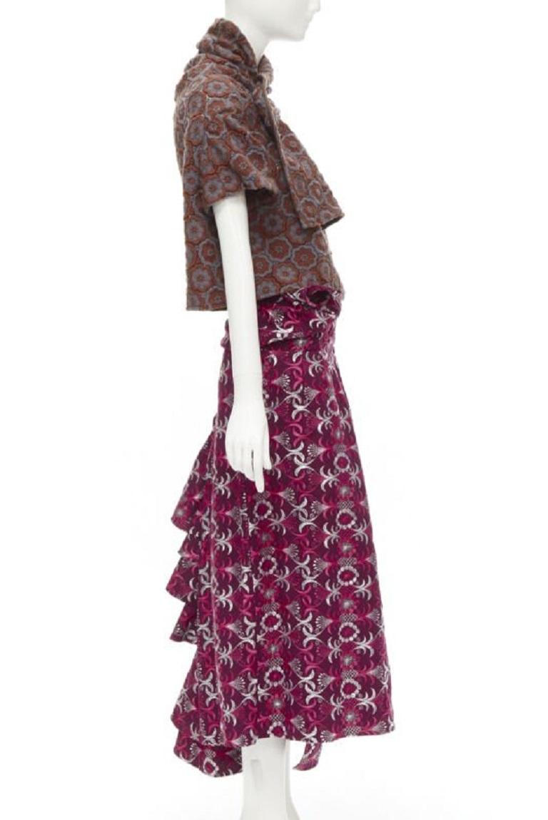 Défilé COMME DES GARCONS 1999 Vintage Brown floral macrame wrap top ruffle skirt Pour femmes en vente