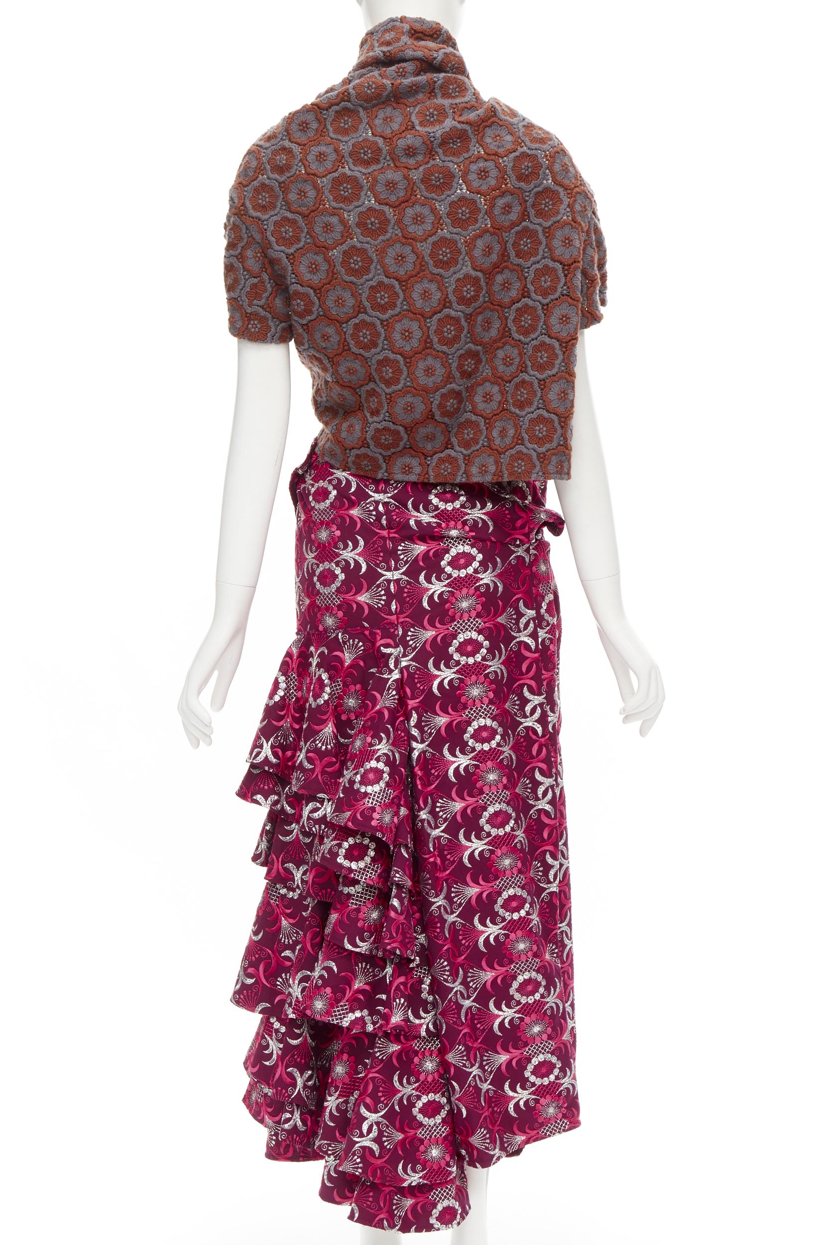 Runway COMME DES GARCONS 1999 Vintage brown floral macrame wrap top ruffle skirt For Sale 1