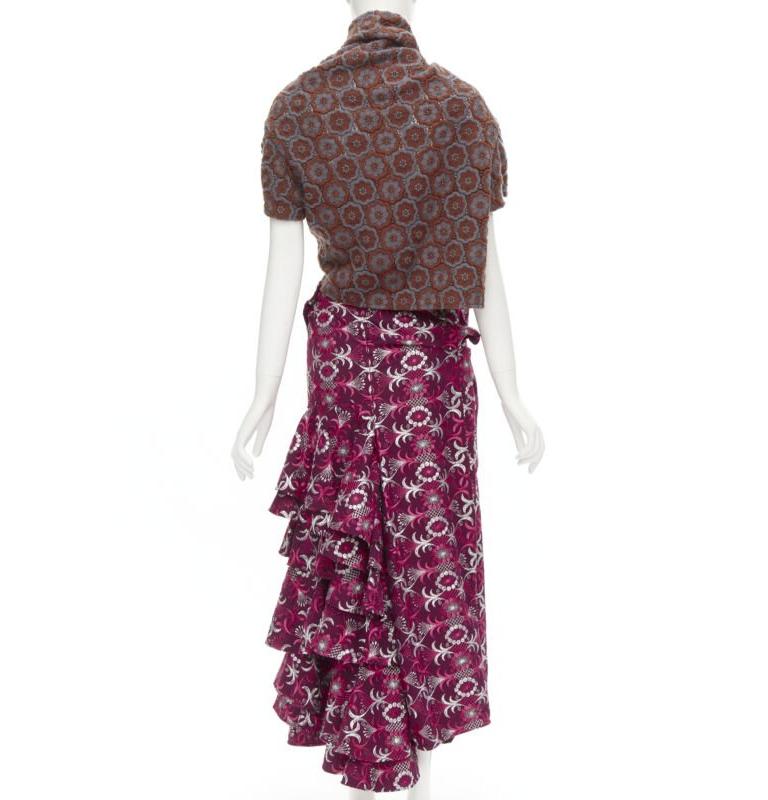 Laufsteg COMME DES GARCONS 1999 Vintage braun geblümt Makramee Wickeloberteil Rüschenrock Damen im Angebot