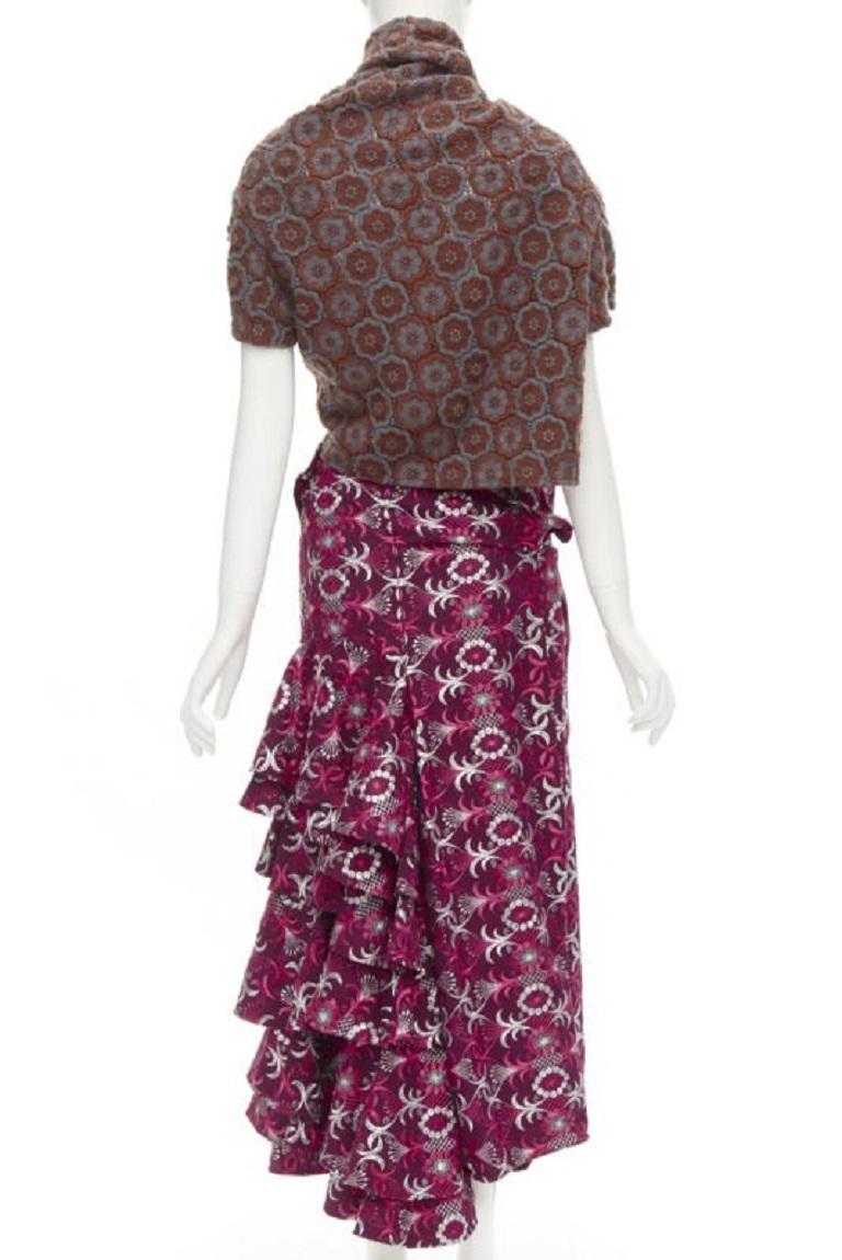 Défilé COMME DES GARCONS 1999 Vintage Brown floral macrame wrap top ruffle skirt en vente 1