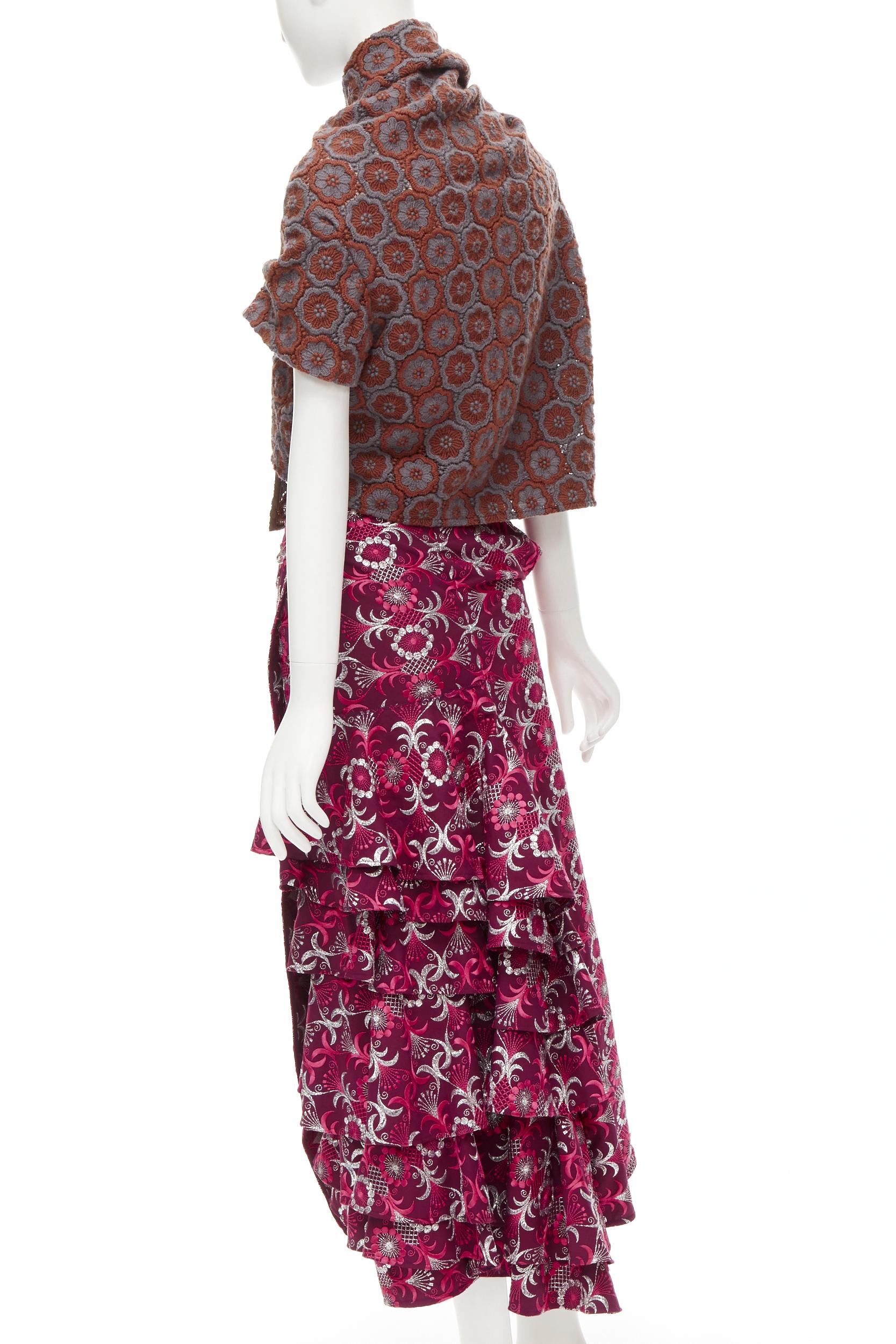 Runway COMME DES GARCONS 1999 Vintage brown floral macrame wrap top ruffle skirt For Sale 2