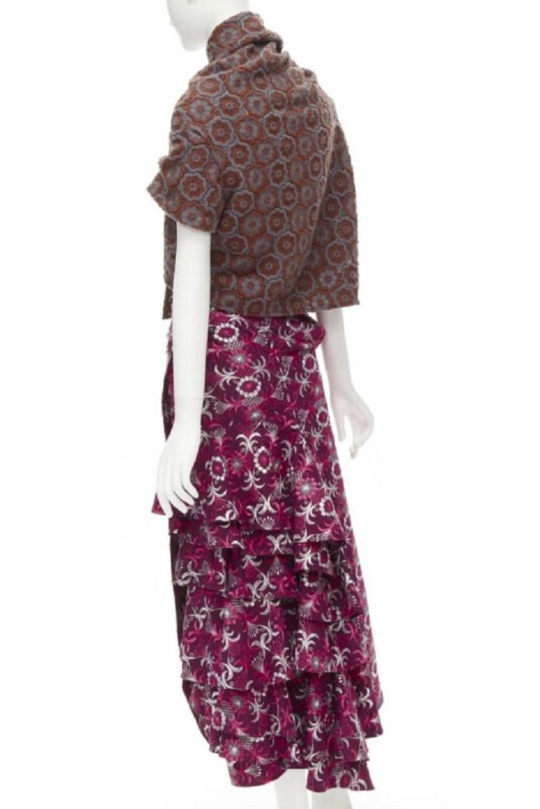 Runway COMME DES GARCONS 1999 Vintage brown floral macrame wrap top ruffle skirt For Sale 2