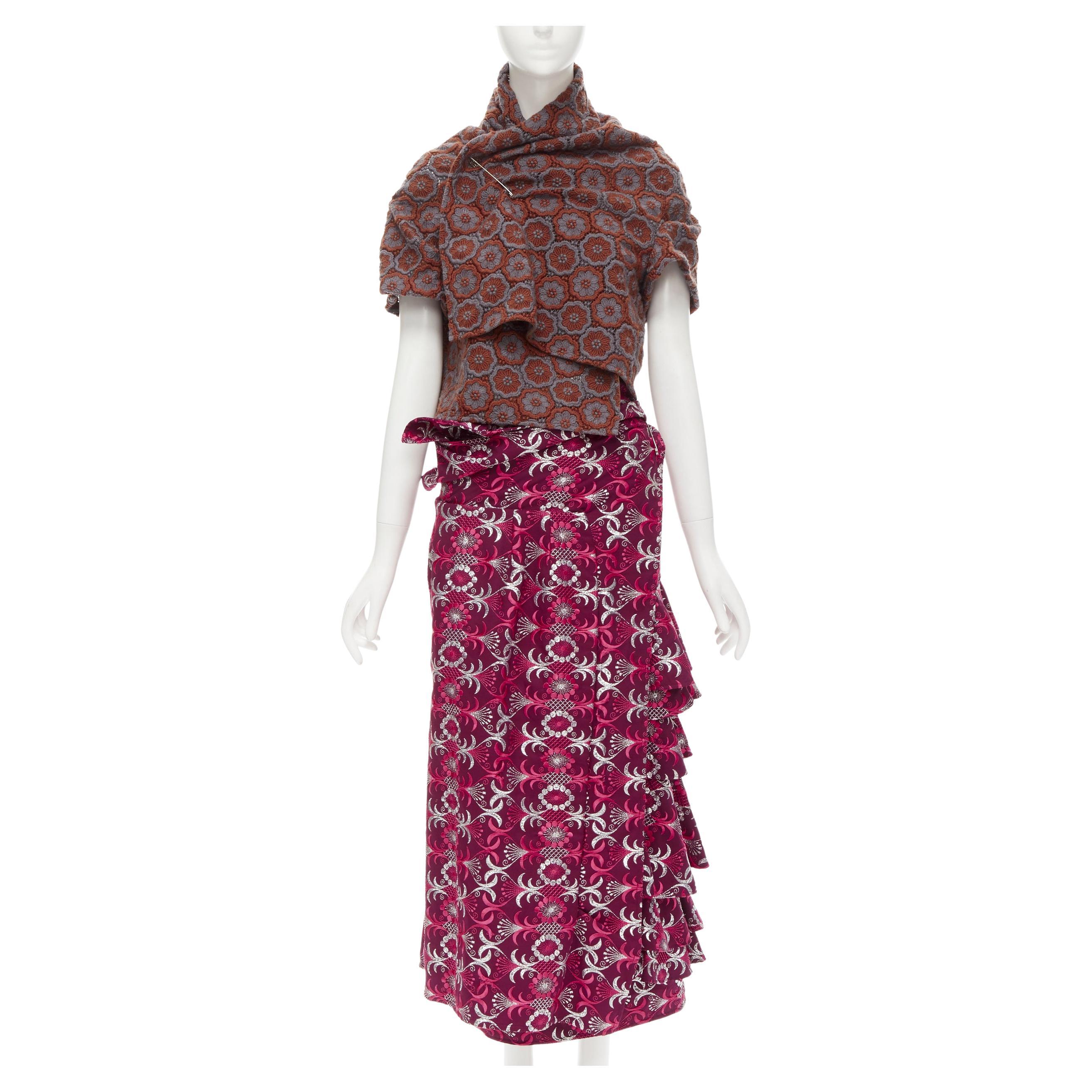 Runway COMME DES GARCONS 1999 Vintage brown floral macrame wrap top ruffle skirt For Sale