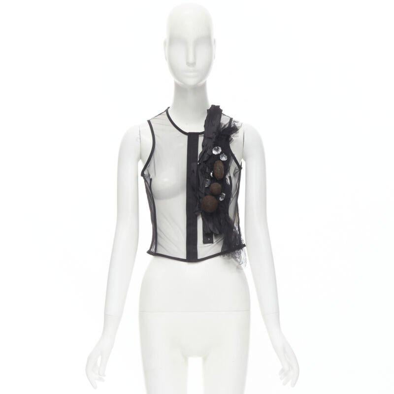 Runway COMME DES GARCONS 2004 black sheer mesh jewel embellishment ruffle vest S For Sale 5