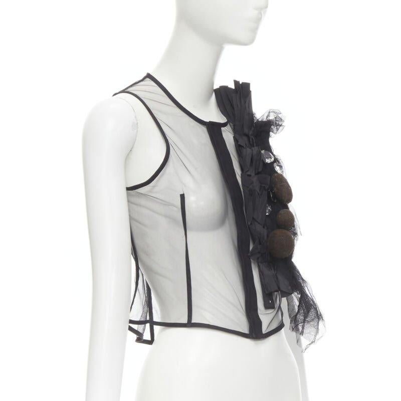 Black Runway COMME DES GARCONS 2004 black sheer mesh jewel embellishment ruffle vest S For Sale