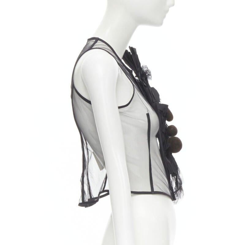 Runway COMME DES GARCONS 2004 black sheer mesh jewel embellishment ruffle vest S In Excellent Condition For Sale In Hong Kong, NT