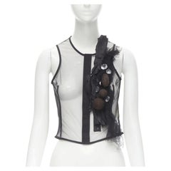 Runway COMME DES GARCONS 2004 black sheer mesh jewel embellishment ruffle vest S