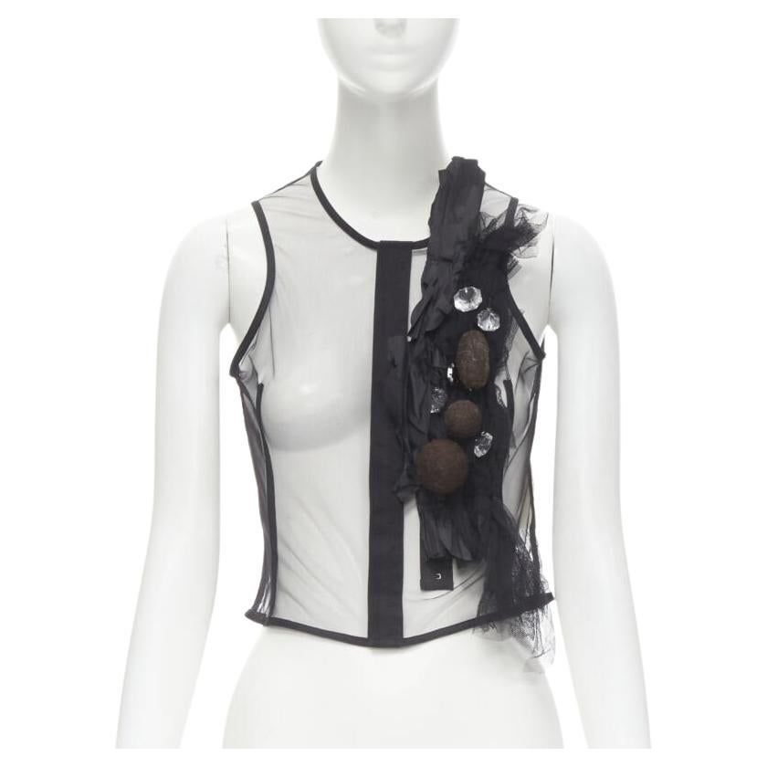 Runway COMME DES GARCONS 2004 black sheer mesh jewel embellishment ruffle vest S For Sale