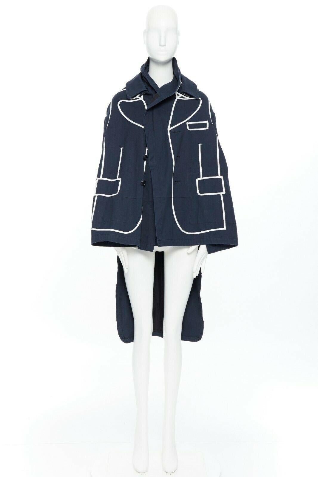 Black runway COMME DES GARCONS AW09 REI KAWAKUBO navy blue trompe l'oeil coat jacket S For Sale