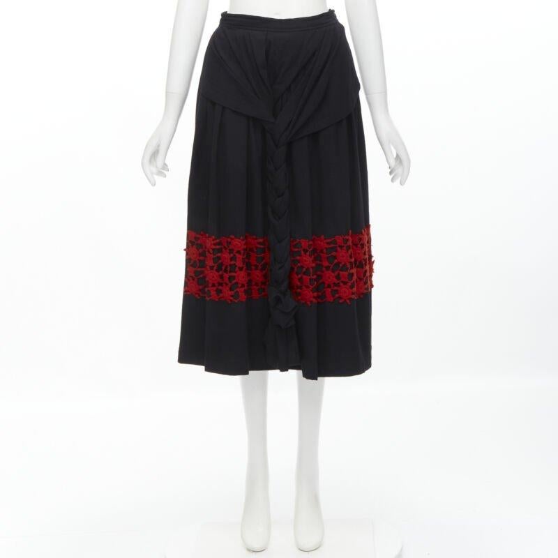 Runway COMME DES GARCONS Vintage 1988 black wool braid red embroidery skirt M For Sale 5