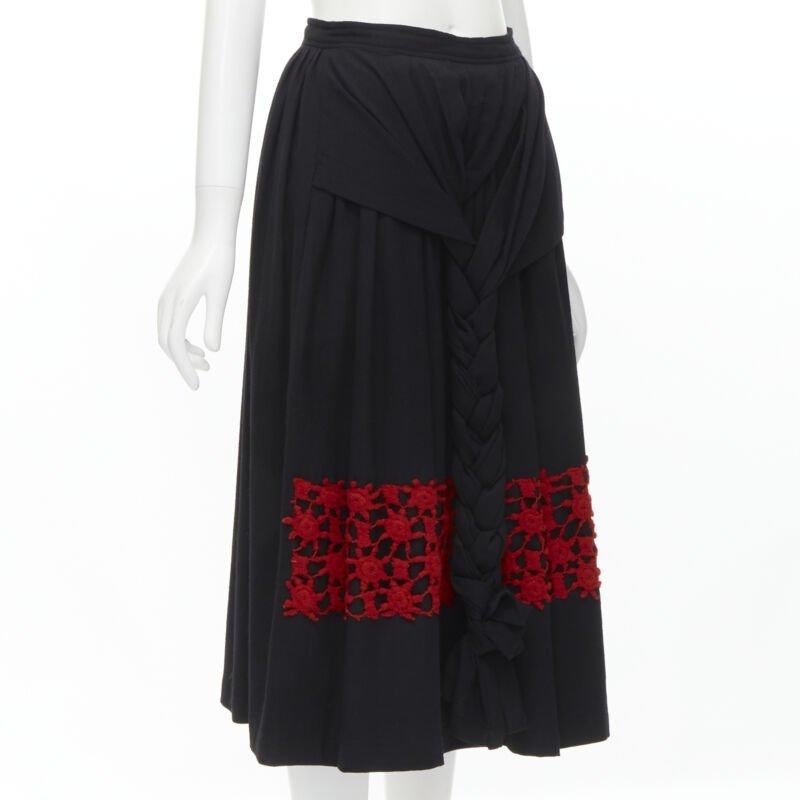 Black Runway COMME DES GARCONS Vintage 1988 black wool braid red embroidery skirt M For Sale