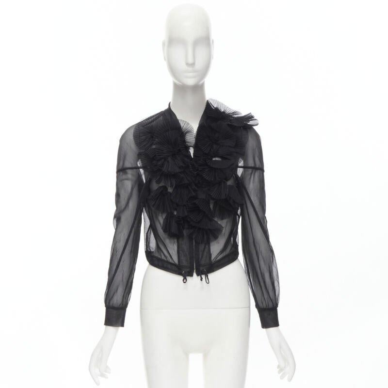 Runway COMME DES GARCONS Vintage 1990 black sheer pleated ruffle bomber jacket S For Sale 6