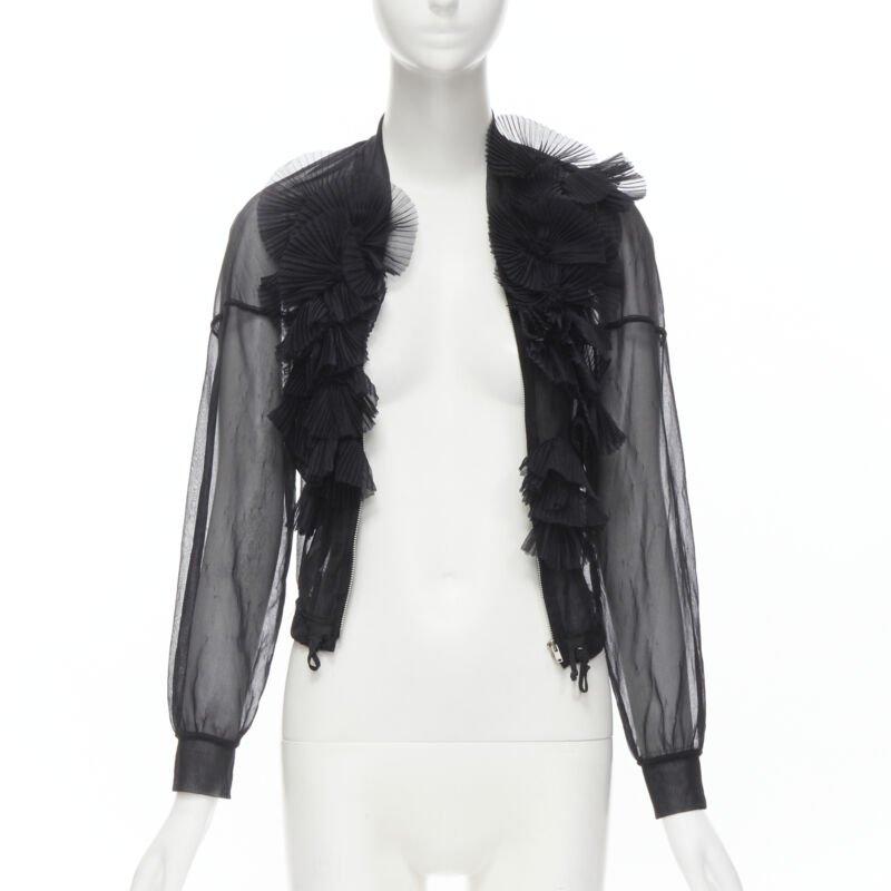 Black Runway COMME DES GARCONS Vintage 1990 black sheer pleated ruffle bomber jacket S For Sale