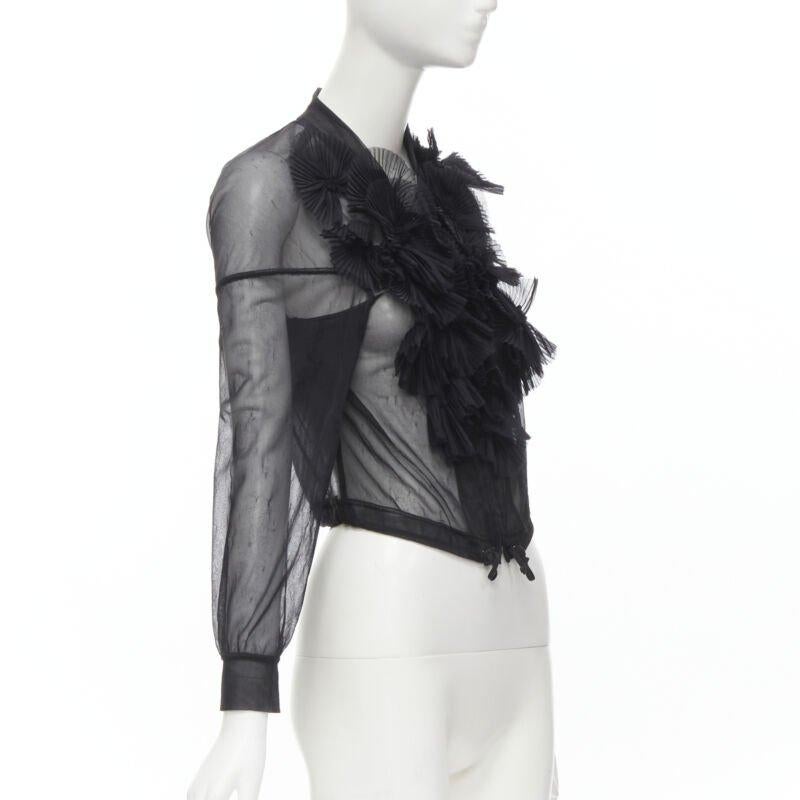 Runway COMME DES GARCONS Vintage 1990 black sheer pleated ruffle bomber jacket S In Good Condition For Sale In Hong Kong, NT