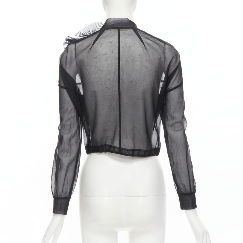 Runway COMME DES GARCONS Vintage 1990 black sheer pleated ruffle bomber jacket S For Sale 1