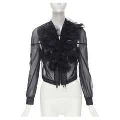 Laufsteg COMME DES GARCONS Vintage 1990 Schwarze durchsichtige plissierte Rüschen-Bomberjacke S