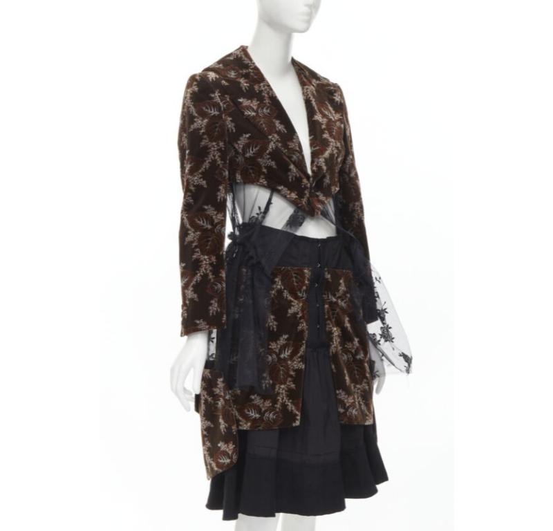 Black Runway COMME DES GARCONS Vintage brown velvet floral mesh coat corset skirt  S For Sale