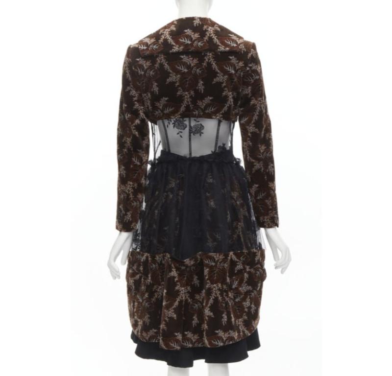 Women's Runway COMME DES GARCONS Vintage brown velvet floral mesh coat corset skirt  S For Sale