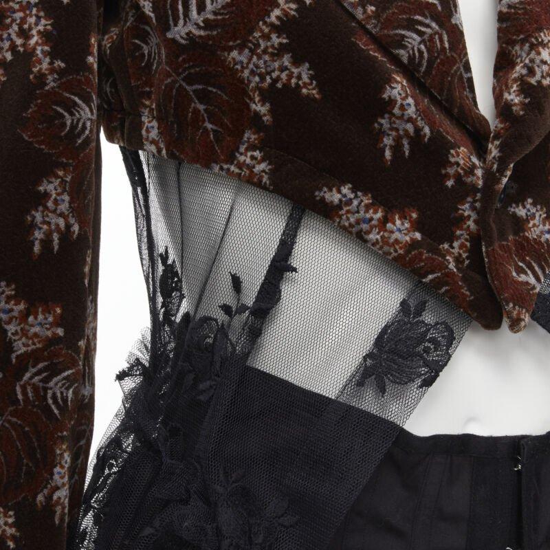 Runway COMME DES GARCONS Vintage brown velvet floral mesh coat corset skirt  S For Sale 4