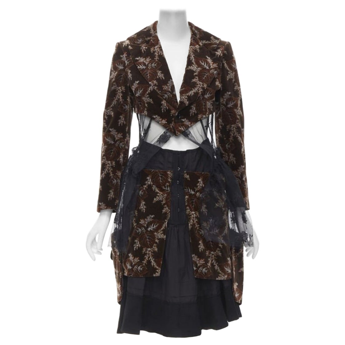 Pre-owned Comme Des Garçons Runway Comme Des Garcons Vintage Brown Velvet Floral Mesh Coat Corset Skirt S