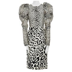 runway DOLCE GABBANA AW09 black white leopard felt puff sleeve dress IT36 XS