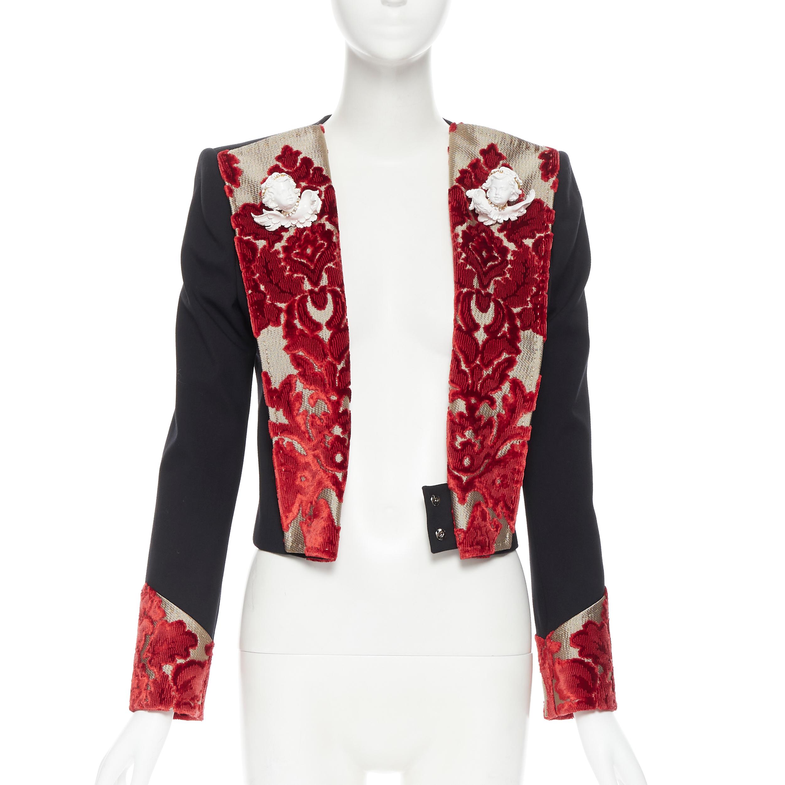 pasarela DOLCE GABBANA lana negra oro rojo terciopelo broche querubín blazer con cinturón IT40 Negro