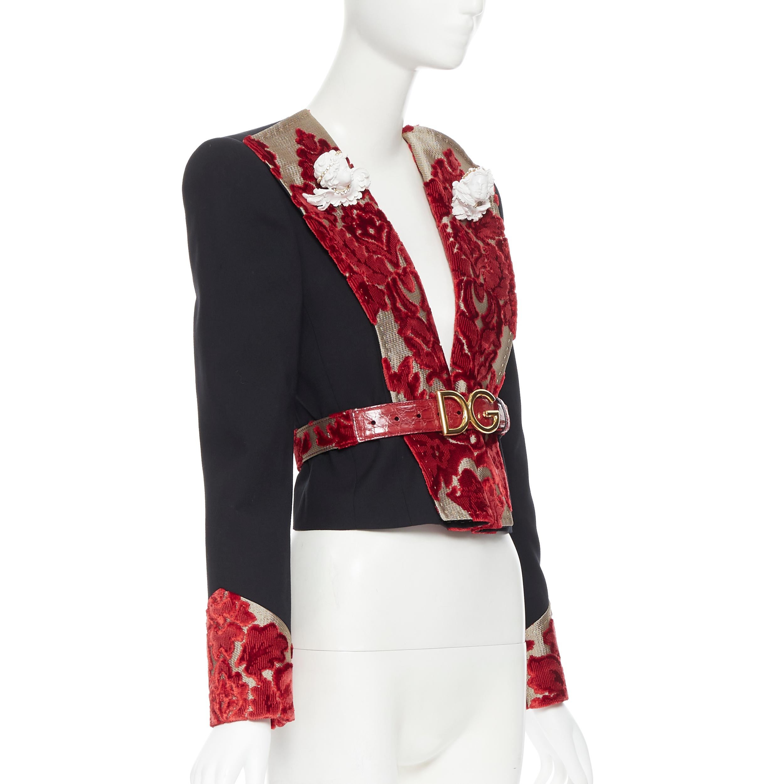pasarela DOLCE GABBANA lana negra oro rojo terciopelo broche querubín blazer con cinturón IT40 en Excelente Estado en Hong Kong, NT