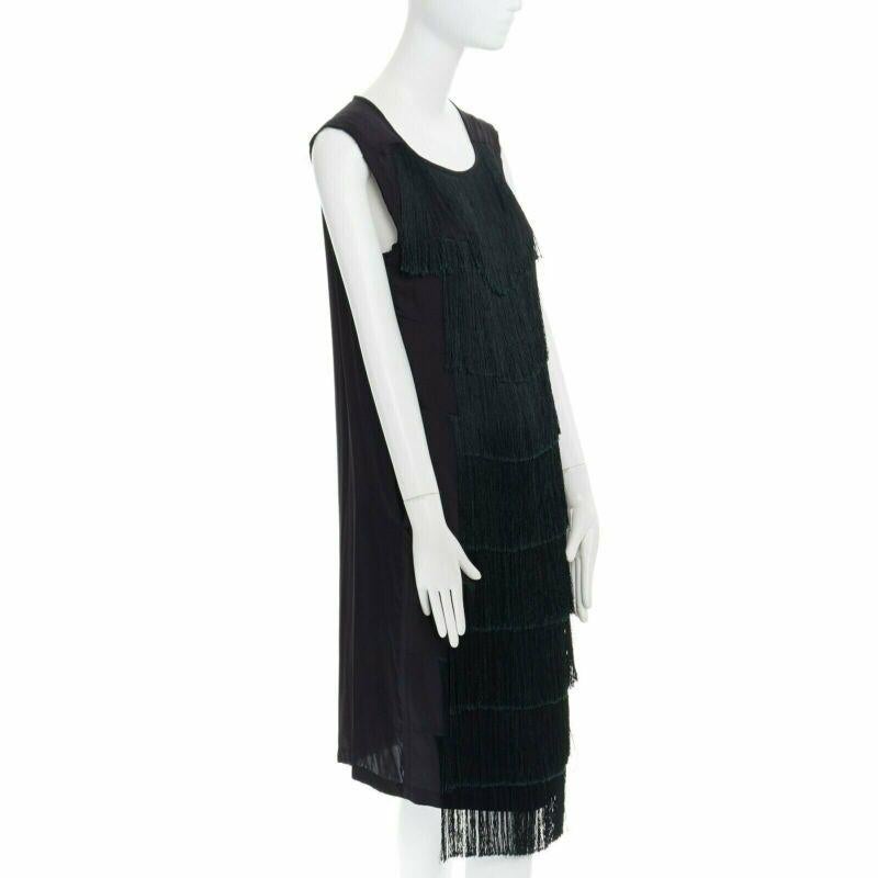 Black runway DRIES VAN NOTEN 2013 black fringe trim silk flapper dress FR38 US6 S For Sale