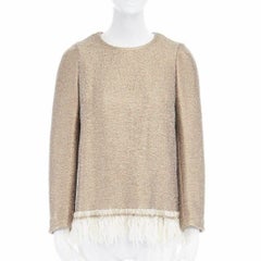 runway DRIES VAN NOTEN 2015 gold coated cream wool fringe sweater top FR36 XS
