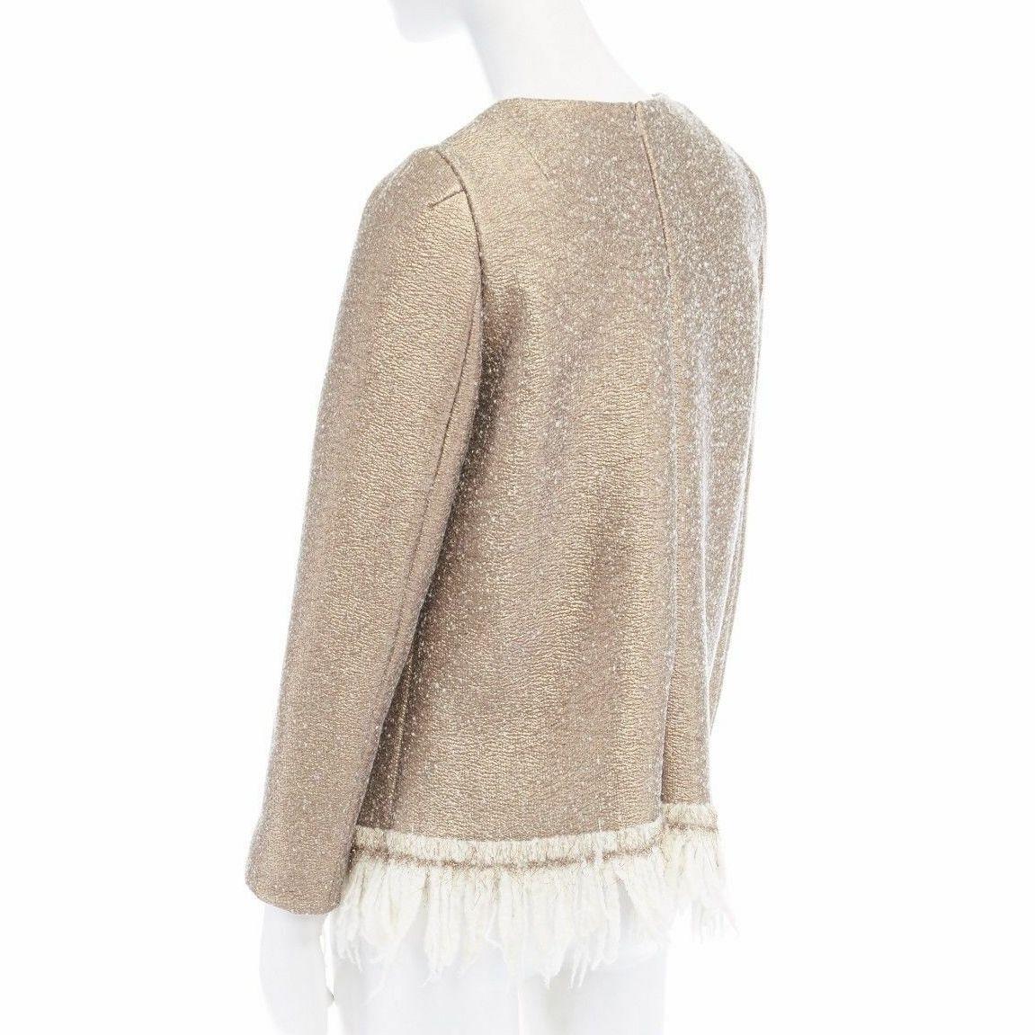 Women's runway DRIES VAN NOTEN 2015 gold coated wool fringe hem sweater top FR36 XS