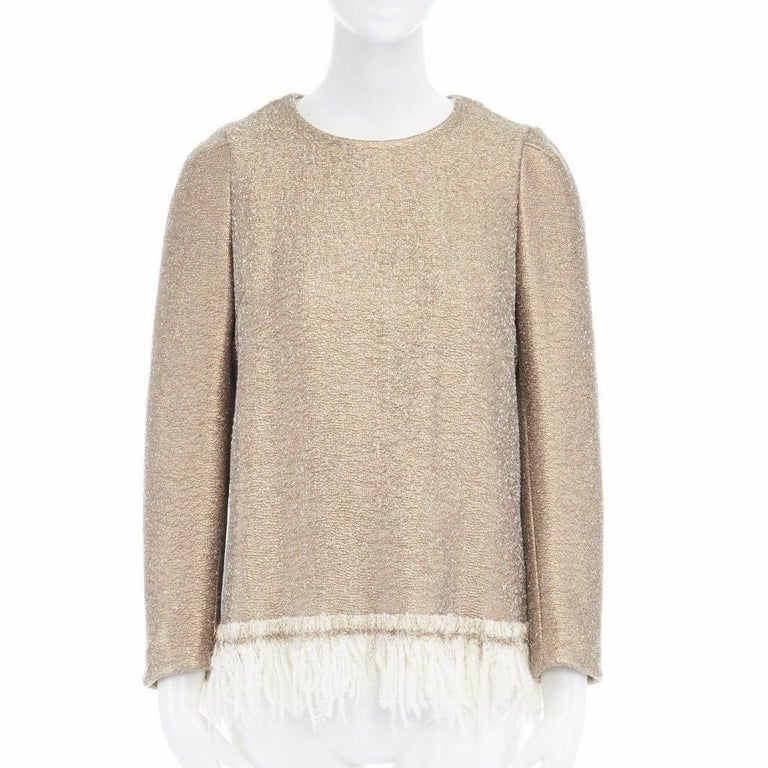 runway DRIES VAN NOTEN 2015 gold coated wool fringe hem sweater top FR36 XS  For Sale at 1stDibs