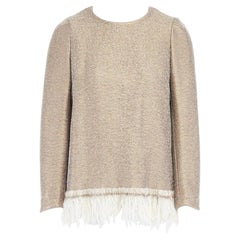 Used runway DRIES VAN NOTEN AW15 gold coated cream wool fringe hem sweater top FR38 S