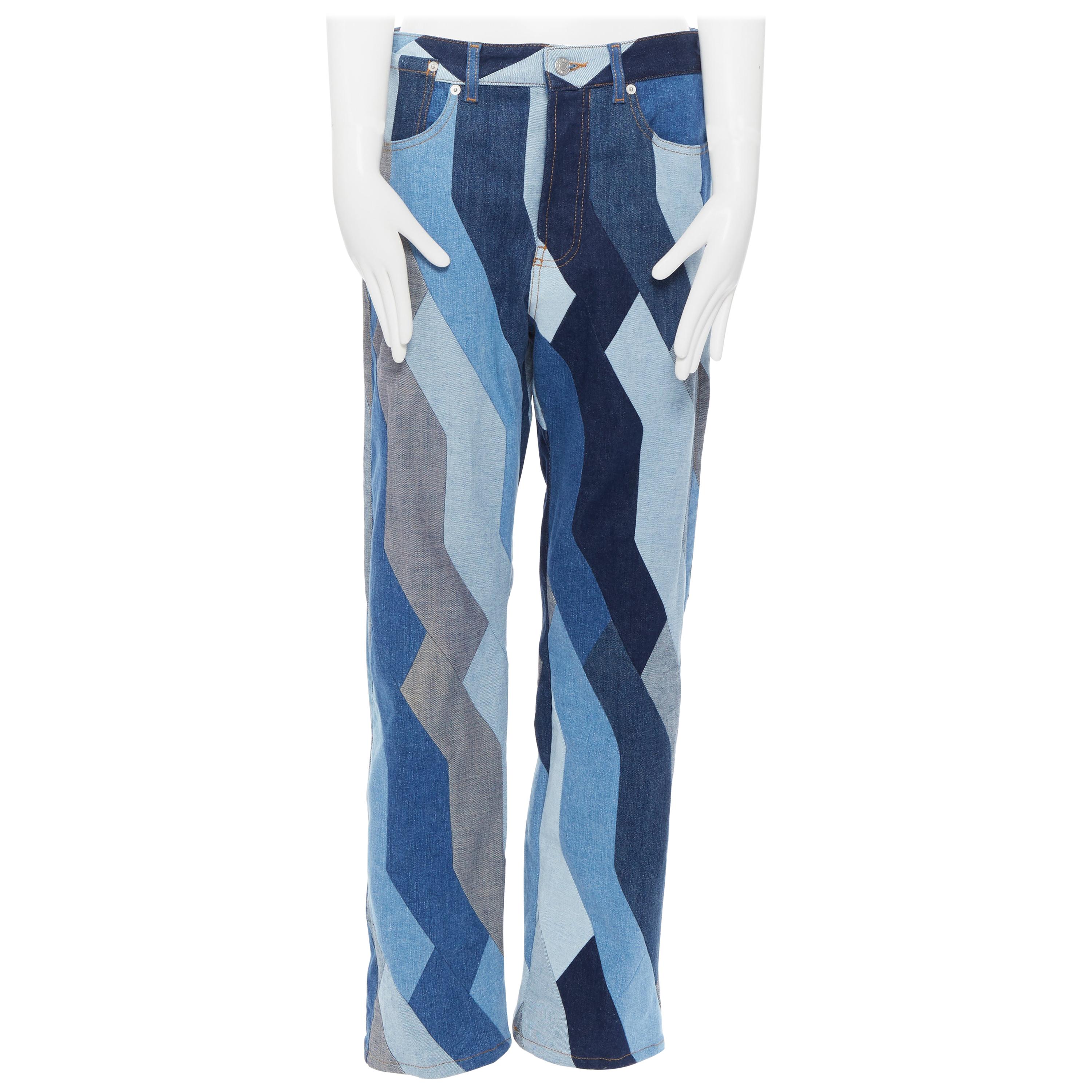 runway DRIES VAN NOTEN AW17 blue patchwork straight-leg denim jeans pants 29"