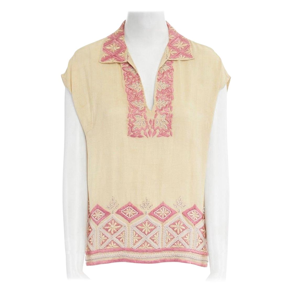 runway DRIES VAN NOTEN beige pink ethnic beaded embroidery sleeveless top FR38 M