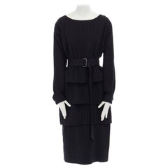 runway DRIES VAN NOTEN black textured wool blend belted tiered midi dress FR40 M