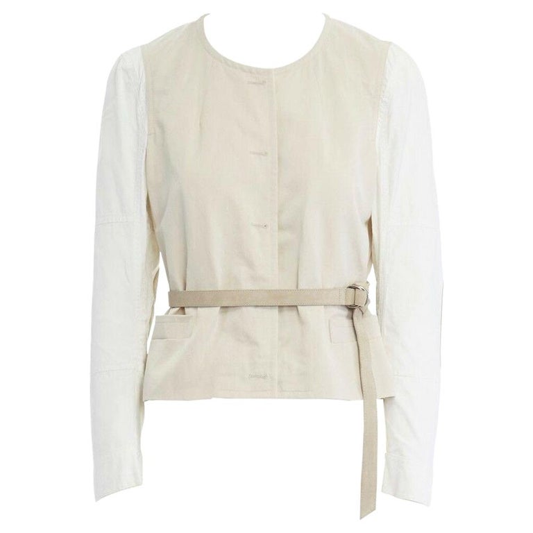 runway DRIES VAN NOTEN cream white contrast sleeve belted bomber jacket  FR38 M For Sale at 1stDibs