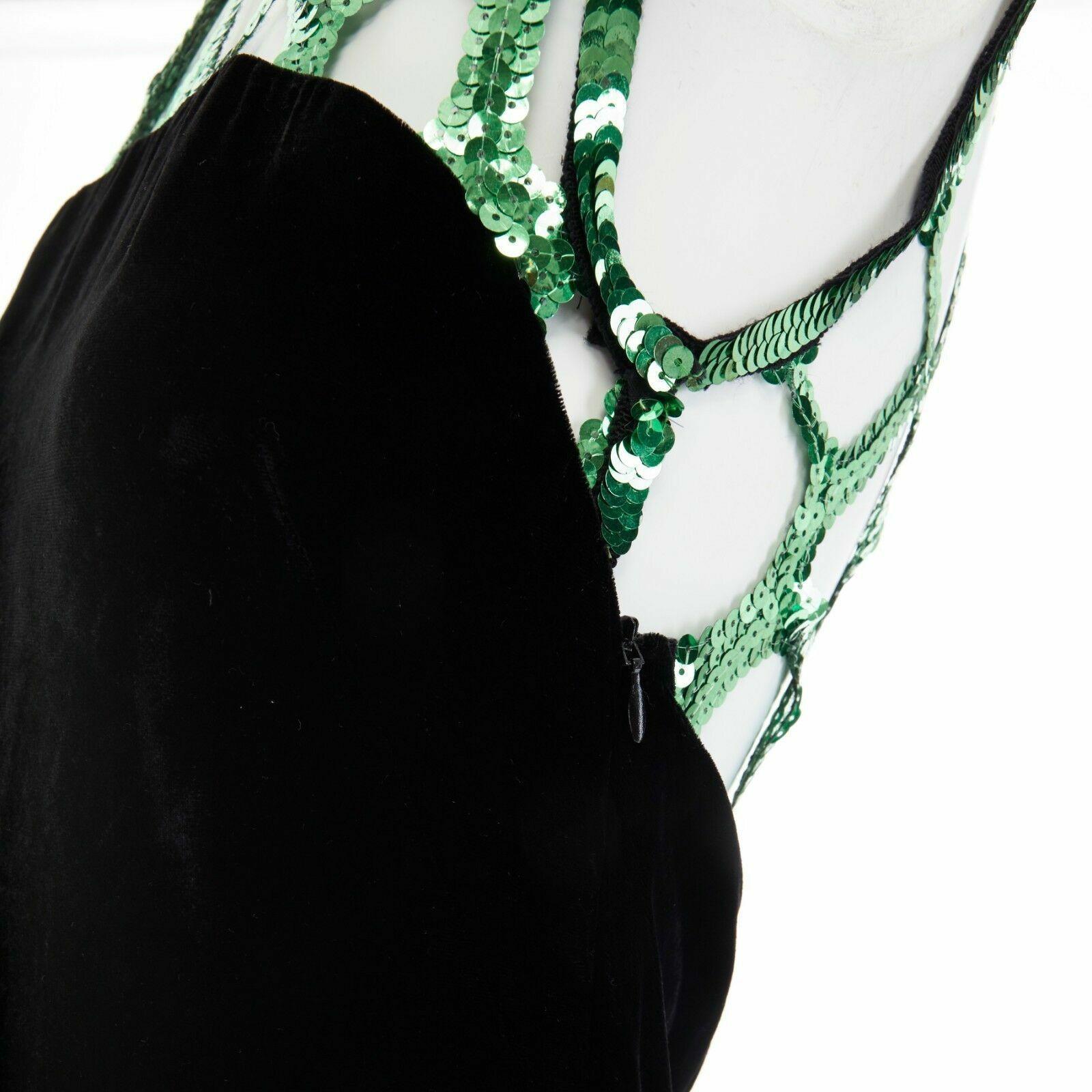 runway DRIES VAN NOTEN Drylle green sequins grid yoke black velvet gown dress S 2