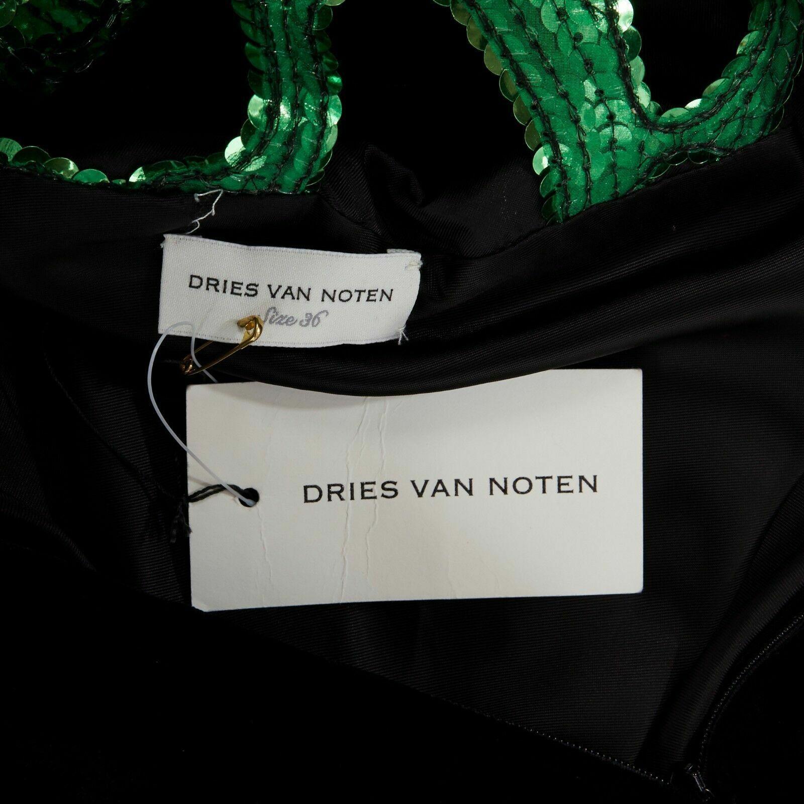 runway DRIES VAN NOTEN Drylle green sequins grid yoke black velvet gown dress S 3