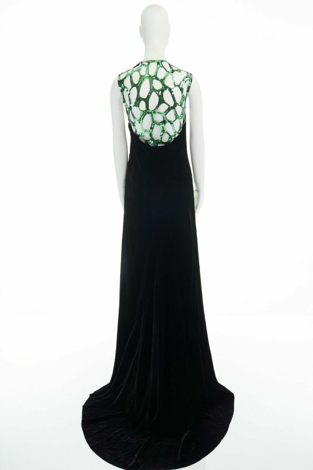 Black runway DRIES VAN NOTEN Drylle green sequins grid yoke black velvet gown dress S