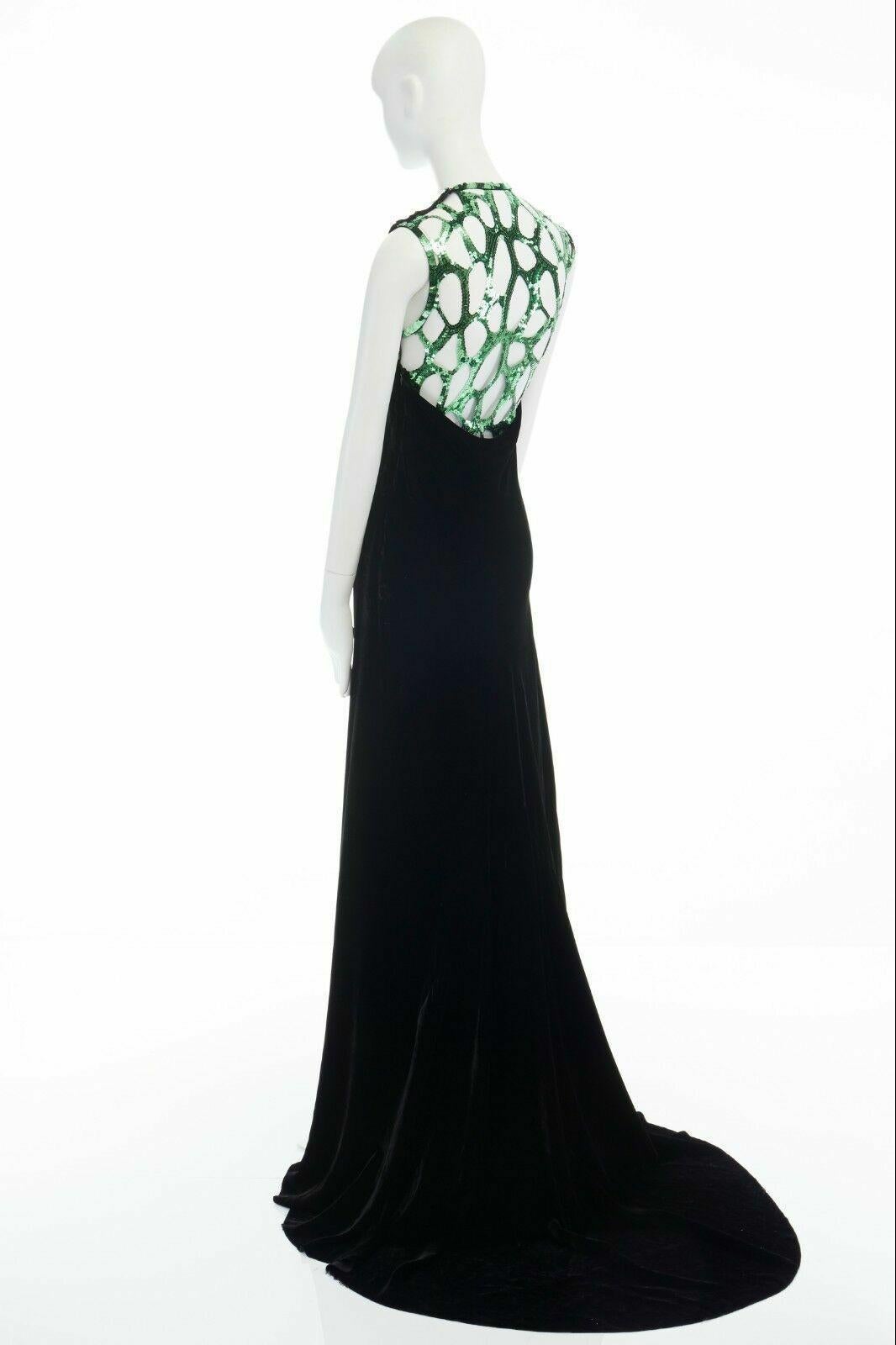 runway DRIES VAN NOTEN Drylle green sequins grid yoke black velvet gown dress S In Good Condition In Hong Kong, NT