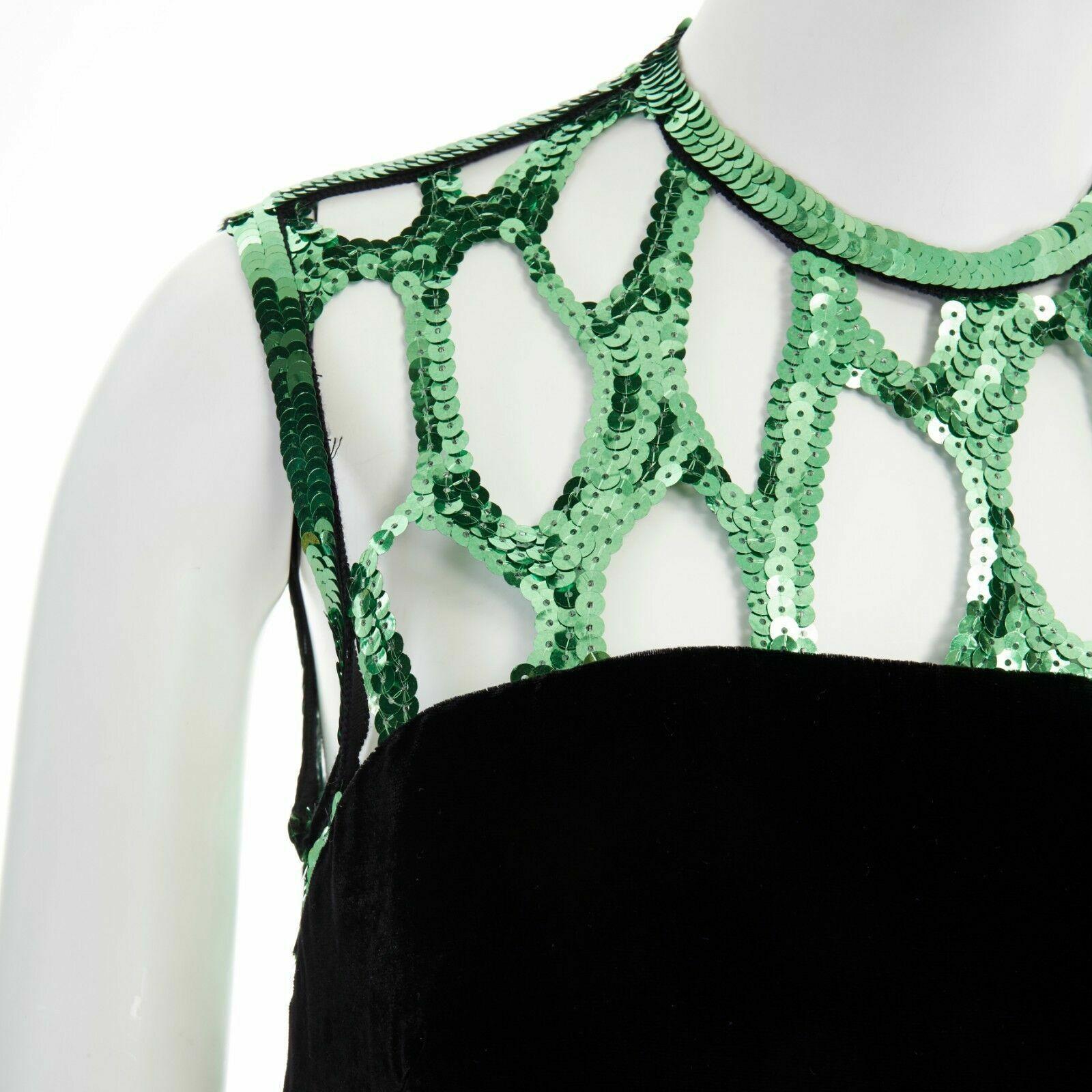 Women's runway DRIES VAN NOTEN Drylle green sequins grid yoke black velvet gown dress S