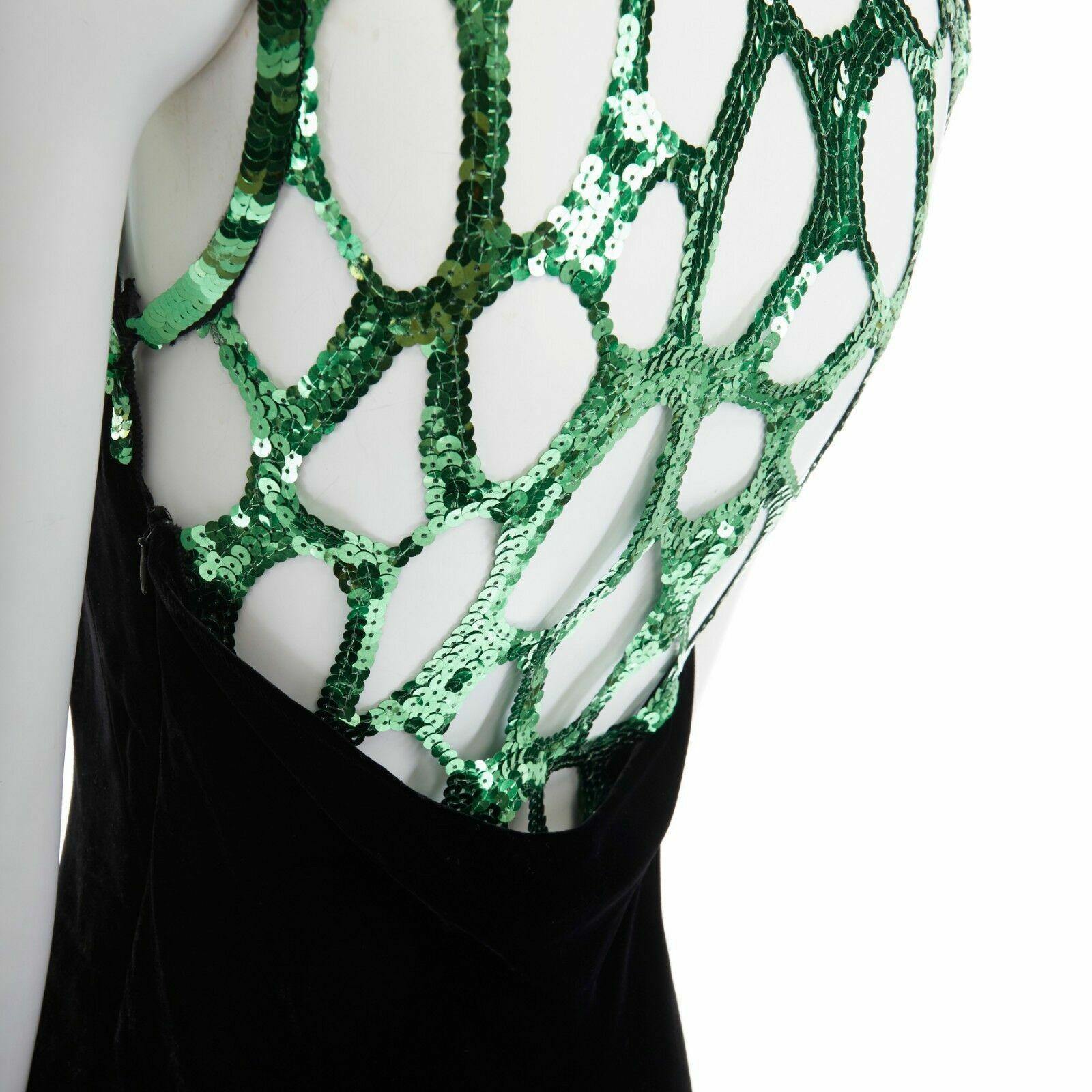 runway DRIES VAN NOTEN Drylle green sequins grid yoke black velvet gown dress S 1