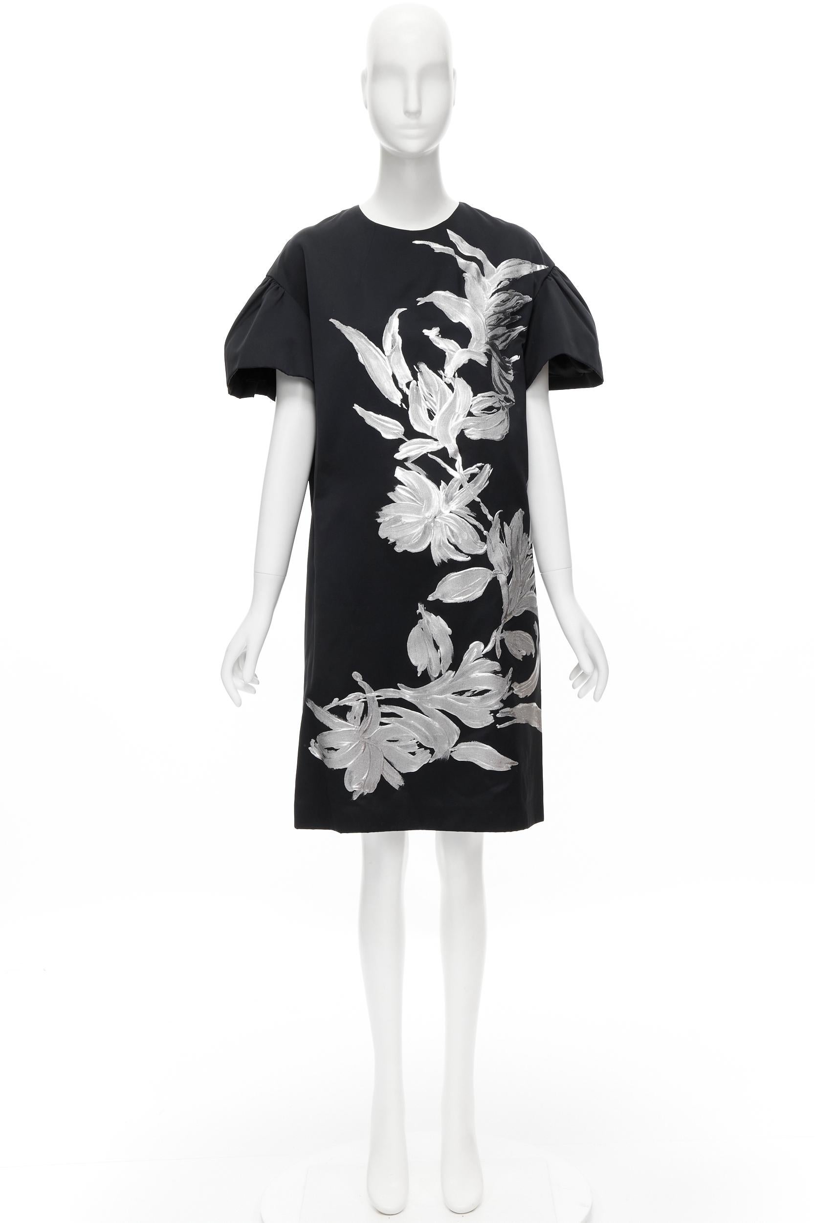runway DRIES VAN NOTEN silver hand painted floral boxy sheath dress FR36 XS 4