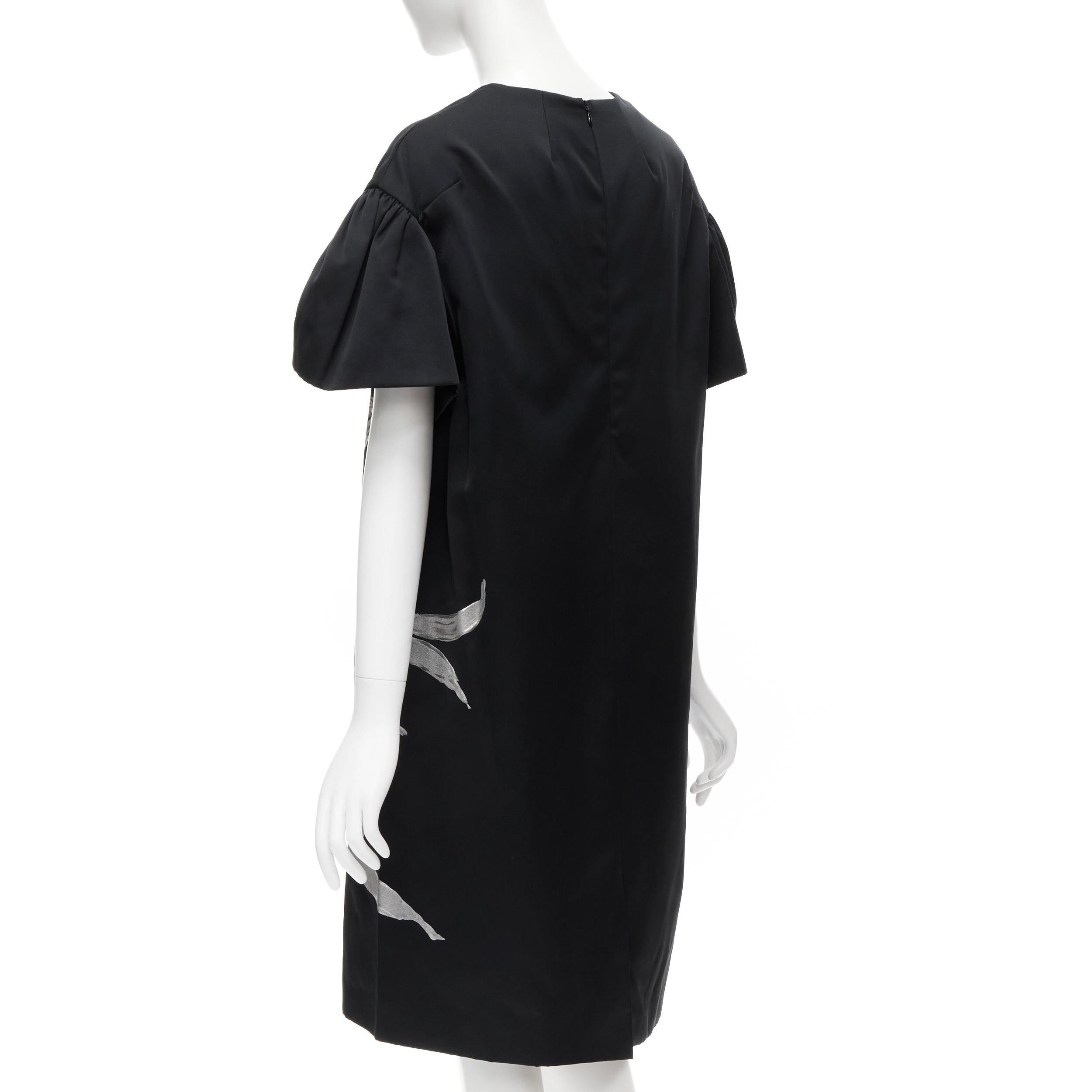 Black runway DRIES VAN NOTEN silver hand painted floral boxy sheath dress FR36 XS