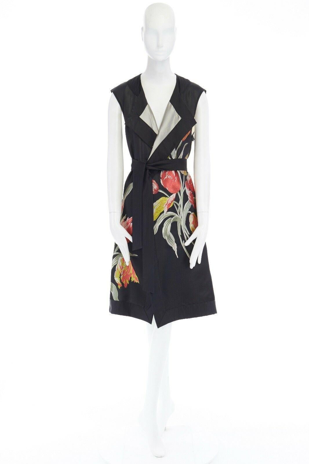 runway DRIES VAN NOTEN SS14 black floral jacquard silk cotton back belted vest S In Good Condition In Hong Kong, NT